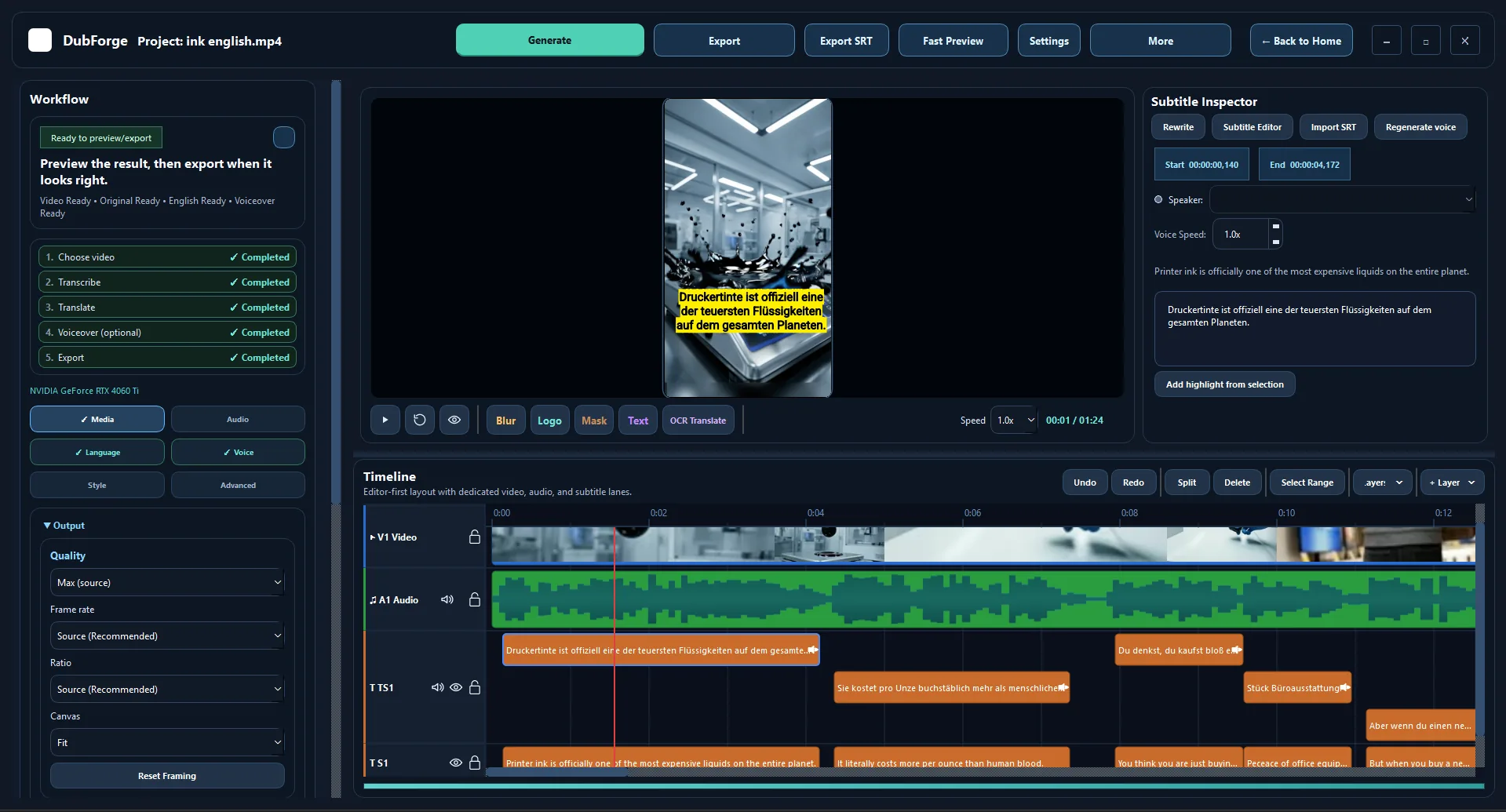 The DubForge editor: an English project translated into German, with the burned-in subtitle visible in the preview, the five workflow stages all marked complete, and the timeline showing separate video, audio and subtitle tracks.